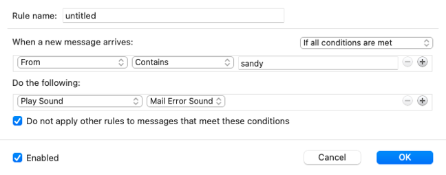 Final setup screen for a play sound rule in Outlook
