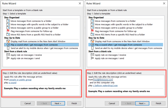 Step 2 box for a play sound rule in Outlook