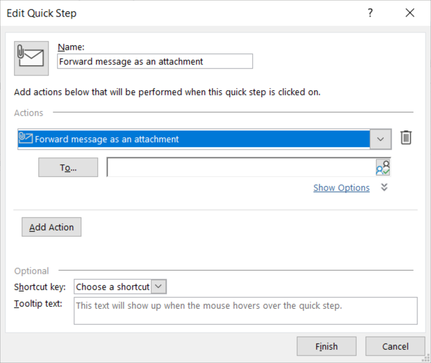 Forward email as attachment action