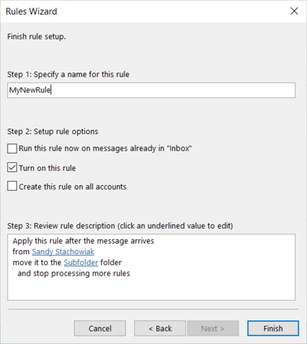 Final step for setting up an Outlook rule