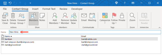 Name and save a contact group in Outlook