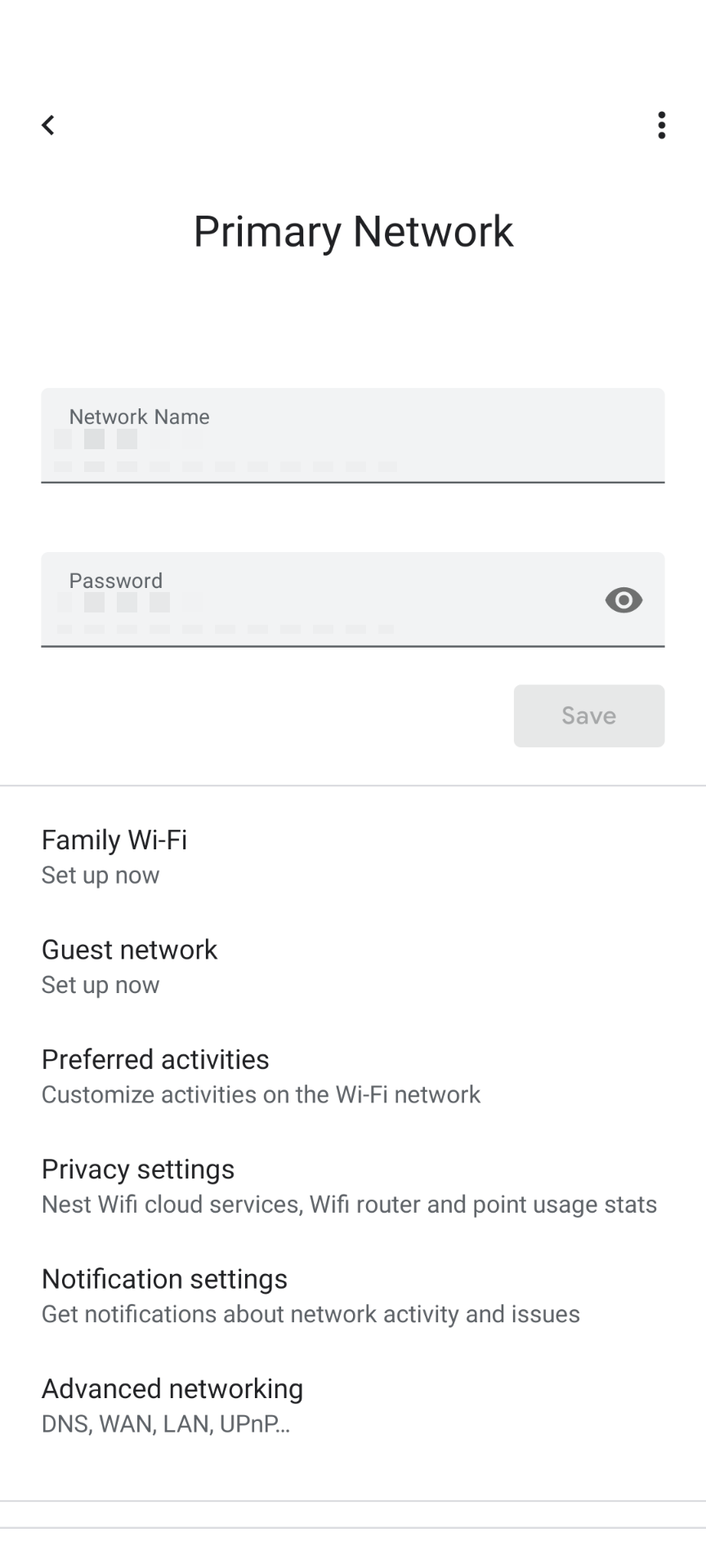 Network settings in the Google Home app.
