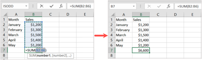 Sum formula and result in Excel