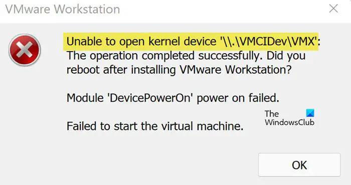 Unable to open kernel device .vmcidevvmx