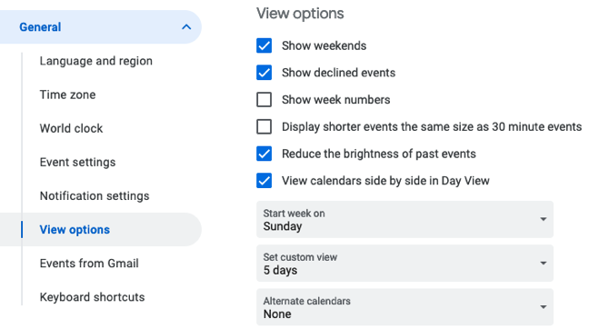 Google Calendar View Options in the settings