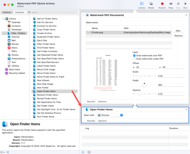 Open Finder Items action in the Automator workflow