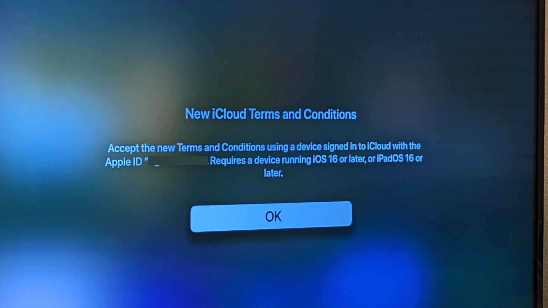 Apple TV new terms popup.