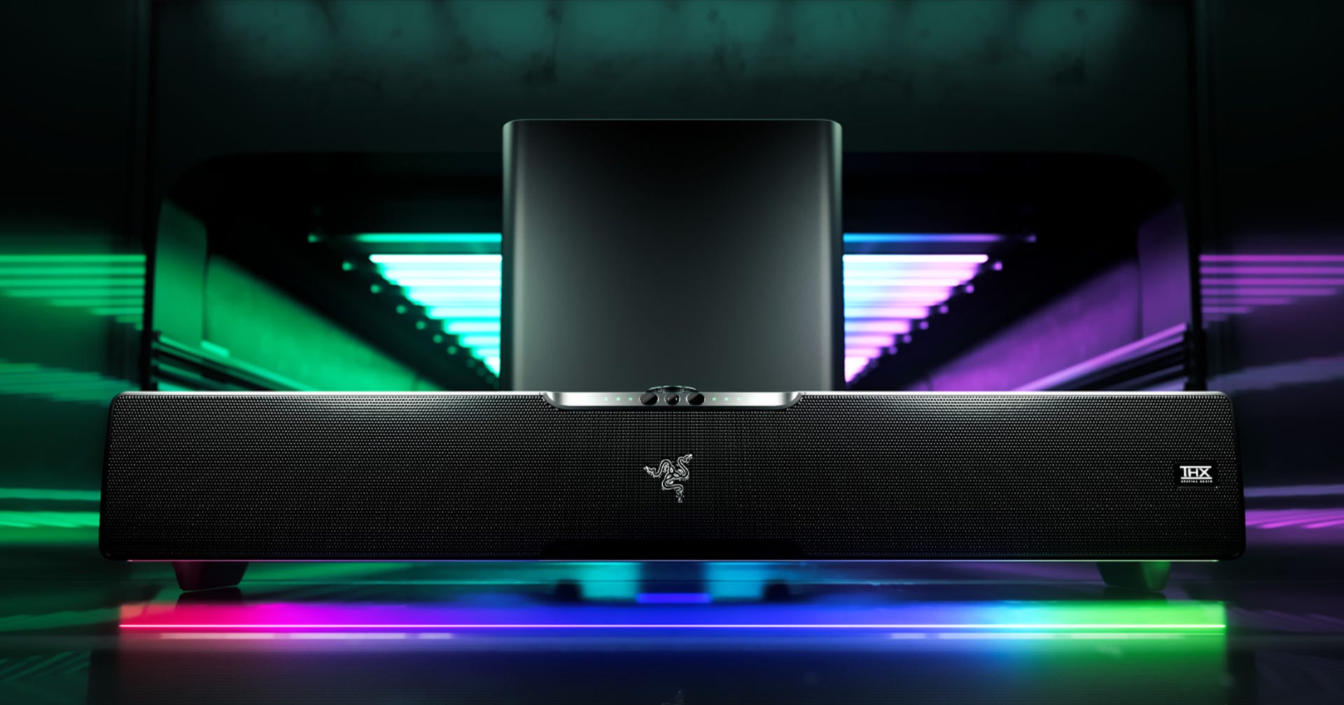 New Razer Leviathan soundbar on a colorful background