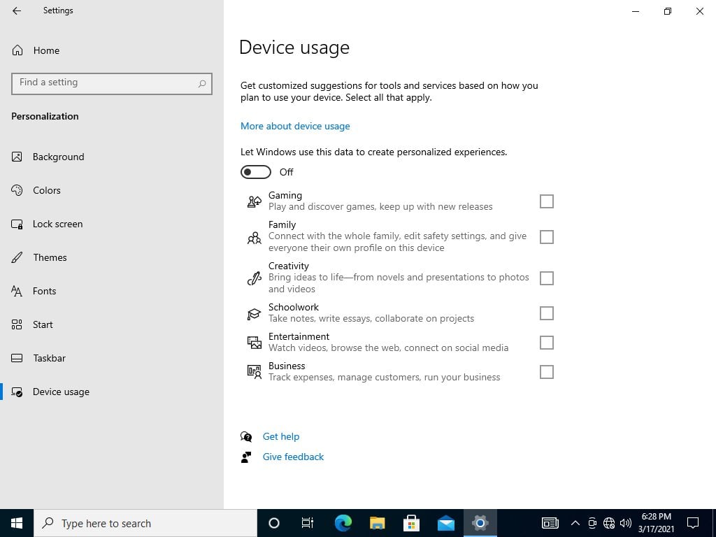 Windows 10 21H2 Device Usage will personalize your tips