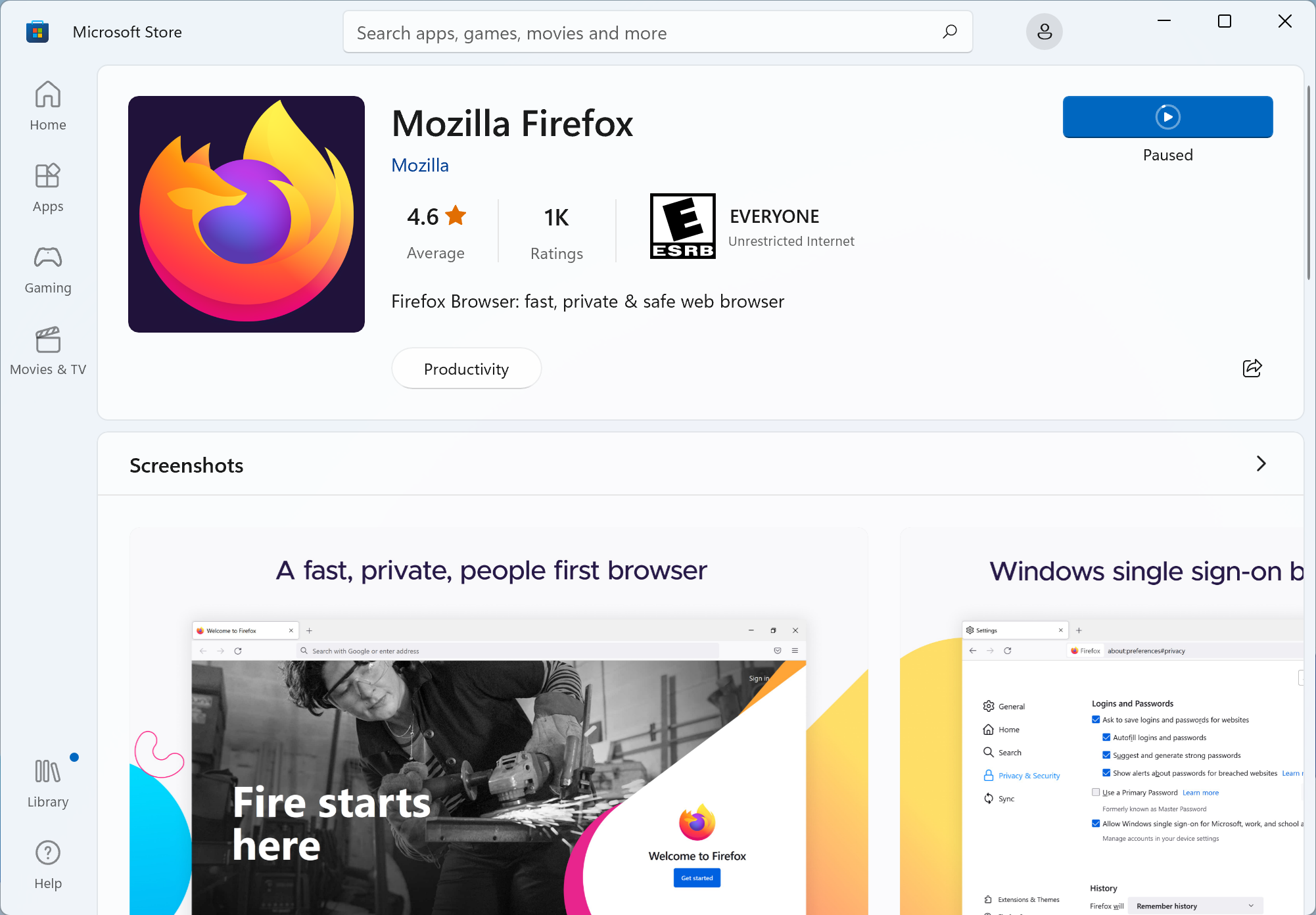 Mozilla Firefox in the Microsoft Store
