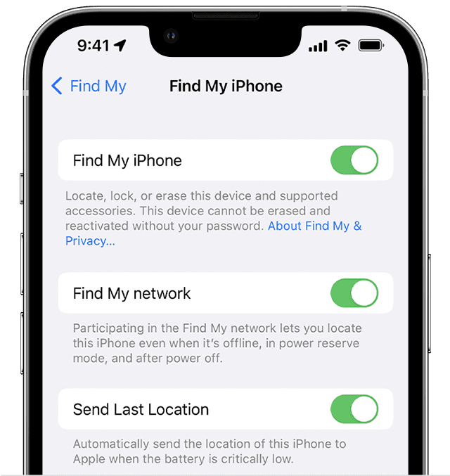 Find My options in Settings