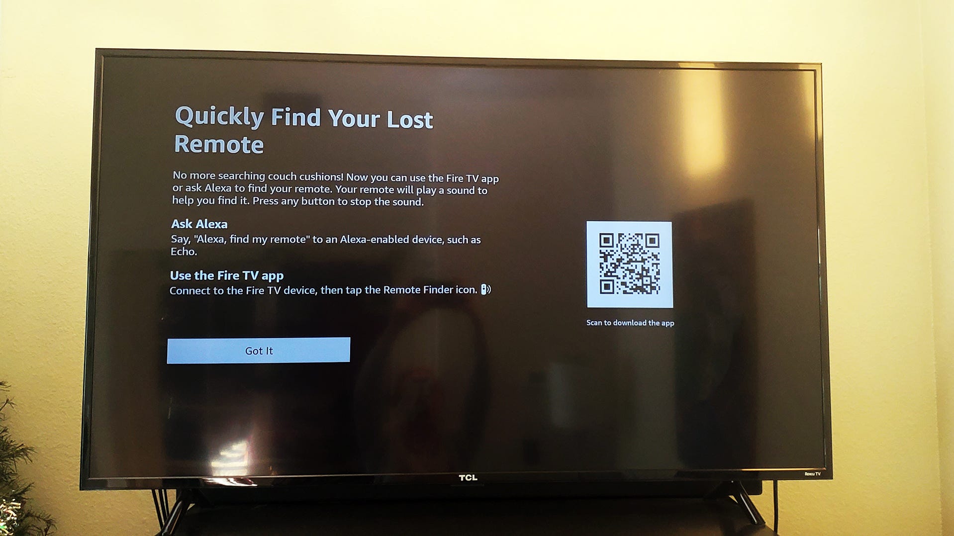 A Roku smart TV on the Fire TV app's Find My Remote page for the Alexa Voice Remote Pro.