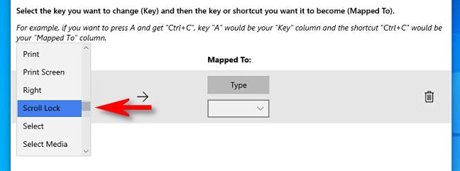 In PowerToys, select the key you want to remap.