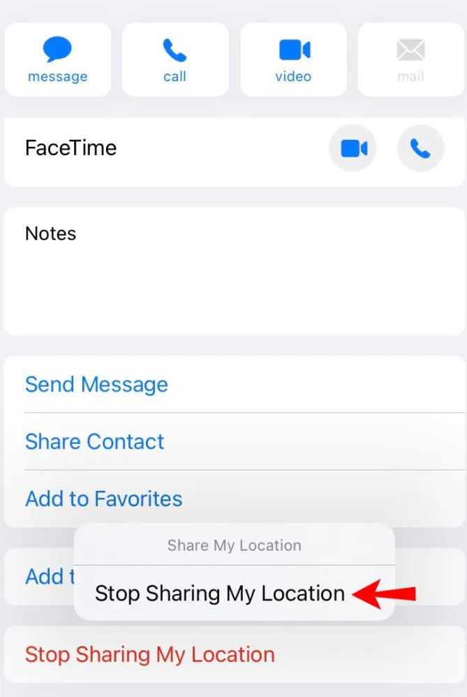 sharing location using iPhone Contacts app