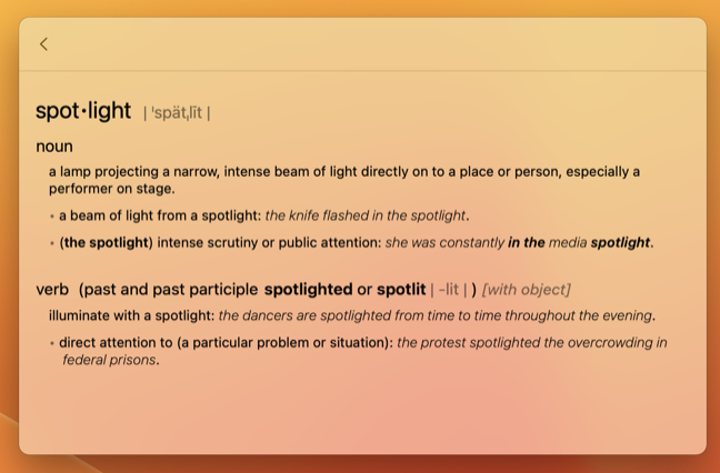 Check spellings and definitions using Spotlight