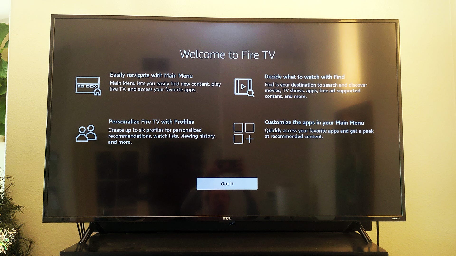 A Roku TV with the Welcome to Fire TV setup page.