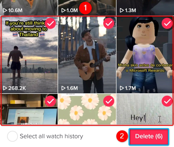 Select videos and tap "Delete (X)."