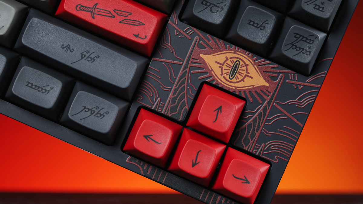 A closeup on the Eye of Sauron graphic on the Drop LOTR Black Speech mechanical keyboard.