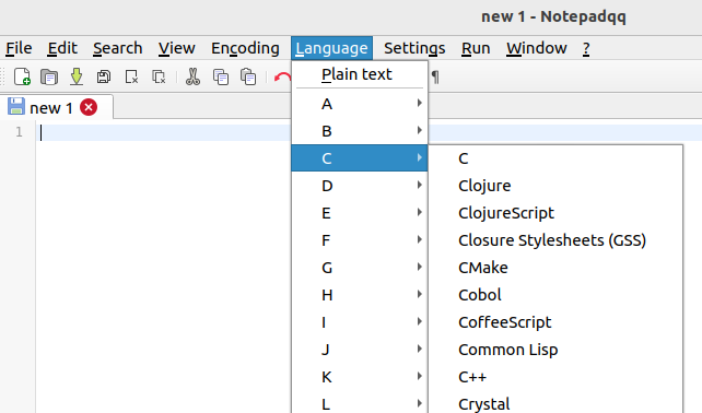 Notepadqq with the Language menu selected, and the C submenu expanded