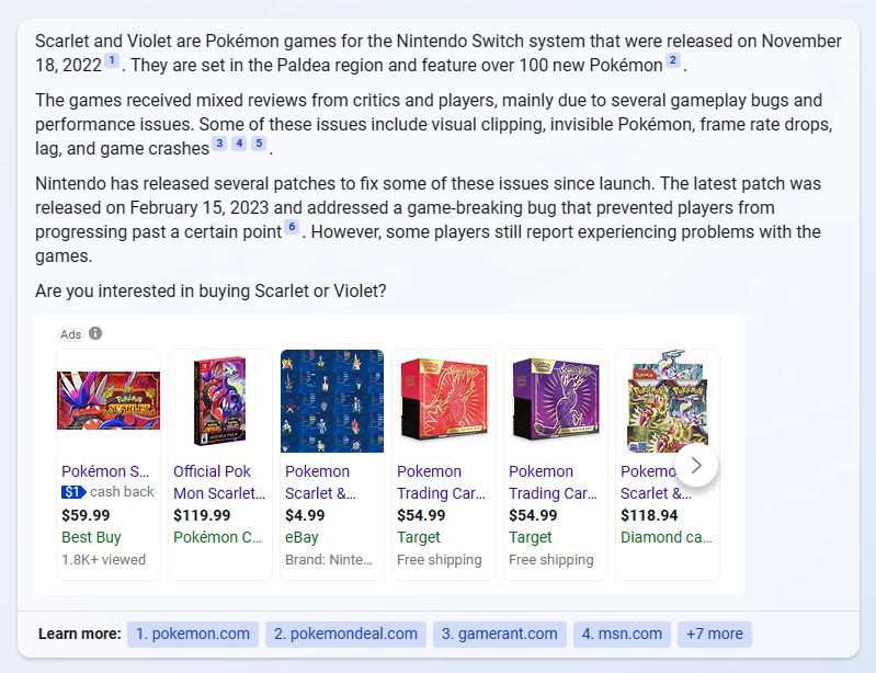 Bing chatbot ads in Pokemon Scarlet and Violet search response