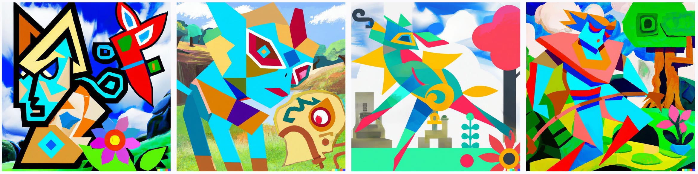 A series of images showing the world of Legend of Zelda, rendered like a Picasso painting.