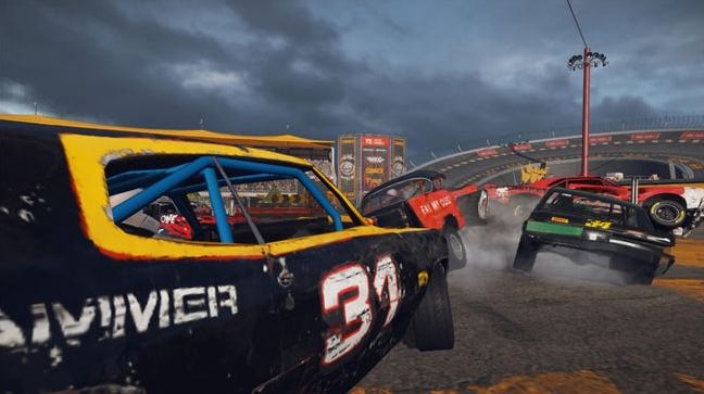 Wreckfest Mobile images showing cars racing and smashing into each other.