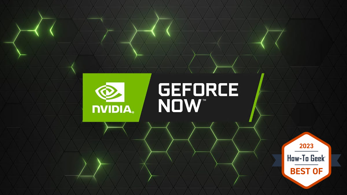 GeForce Now Logo on a Green and Grey Honeycomb Background