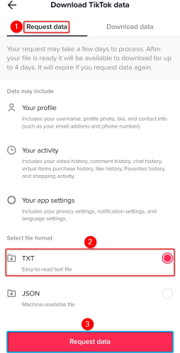 Select "TXT" and choose "Request Data."