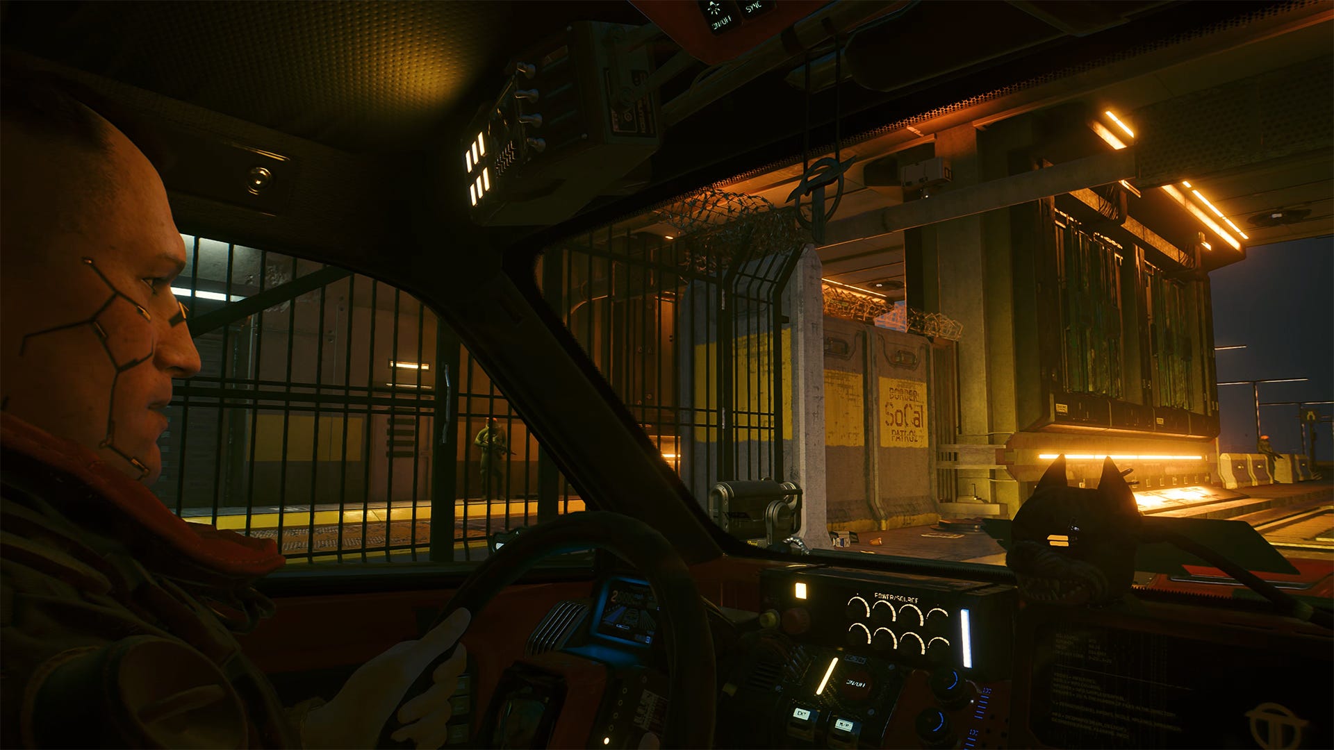 image inside a video game car in "Cyberpunk 2077" with realistic lighting.