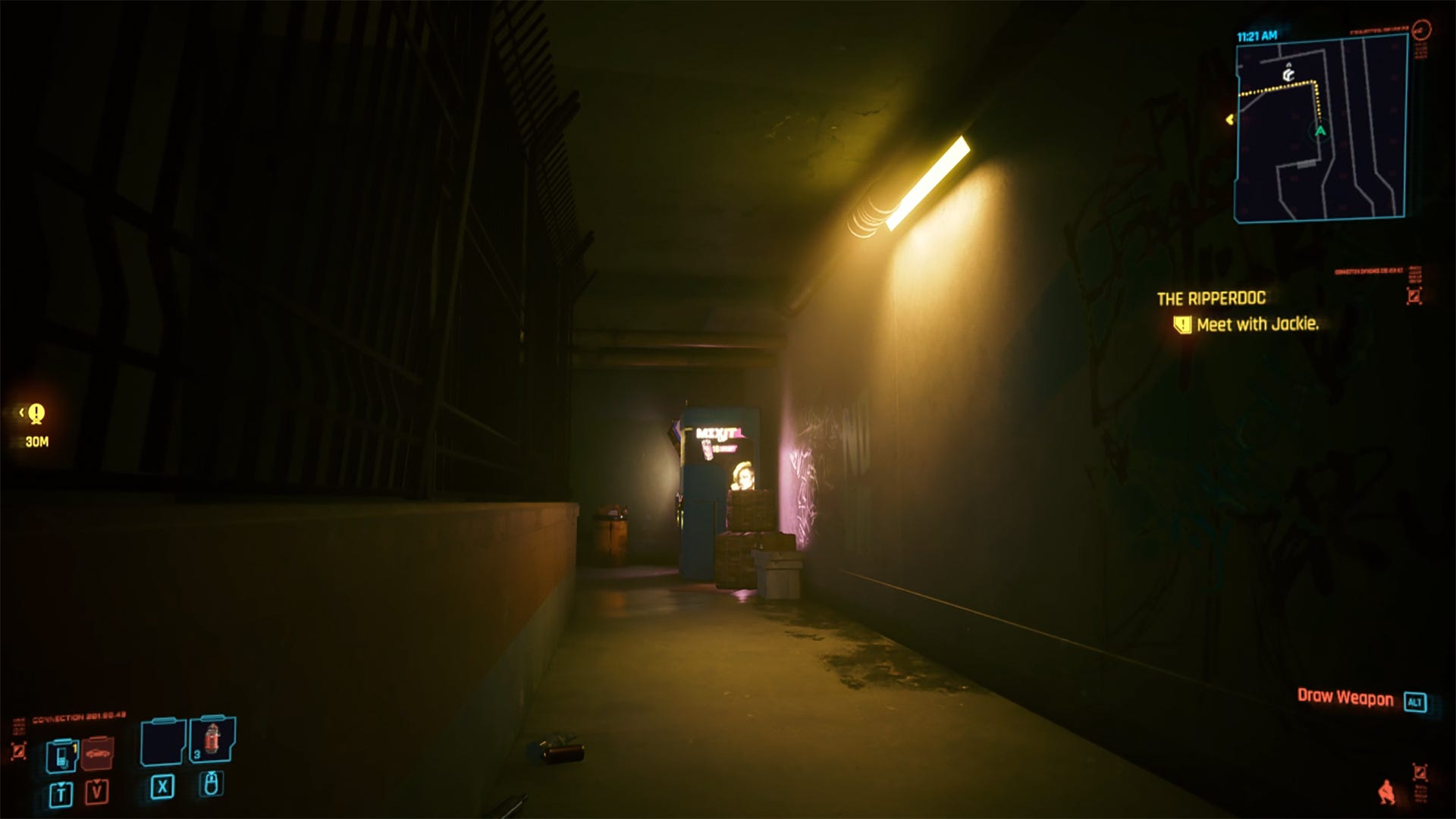 an image of a virtual apartment complex hallway and vending machine in "Cyberpunk 2077."