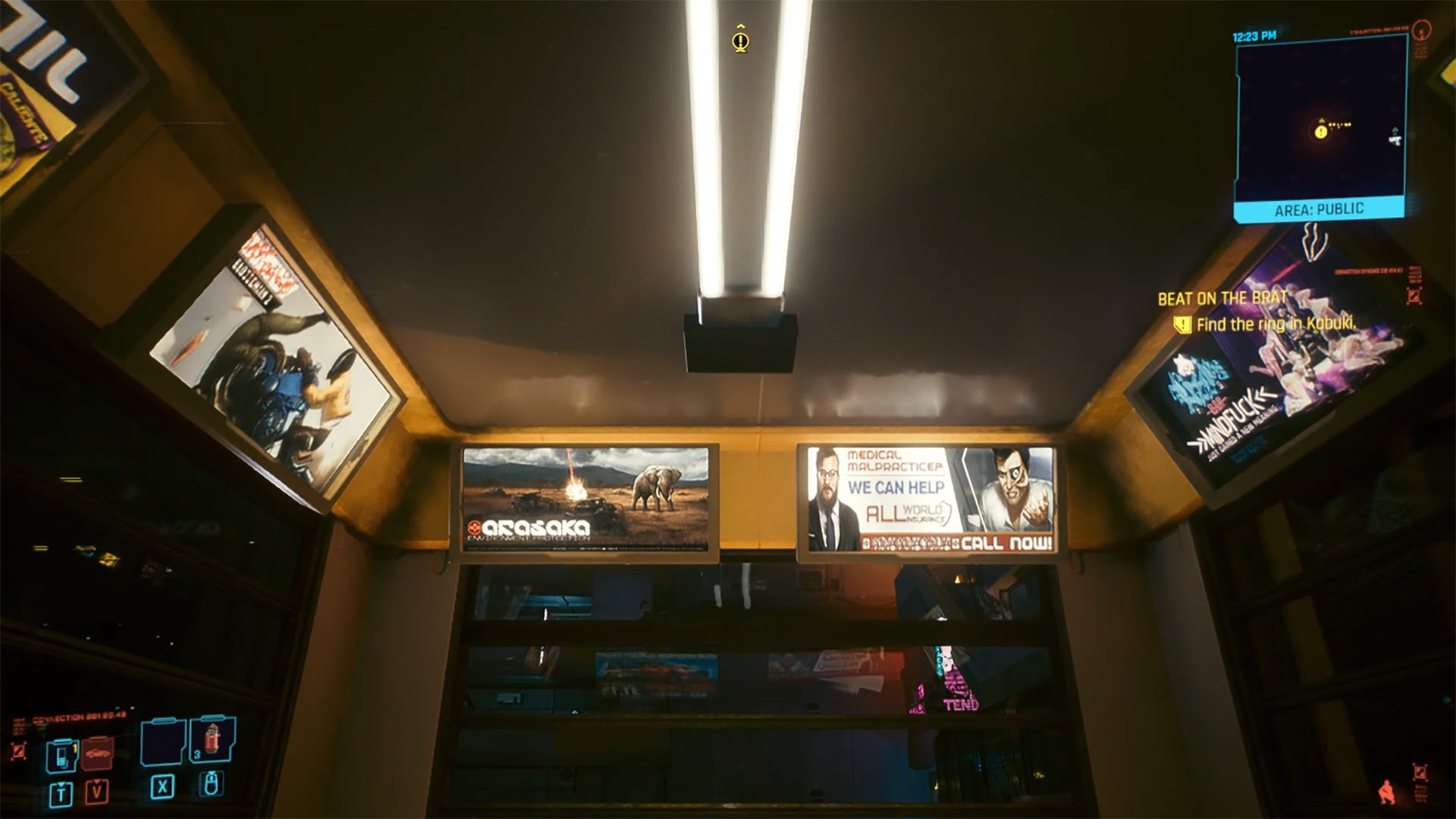 an image of a virtual elevator ceiling with light reflections in "Cyberpunk 2077."