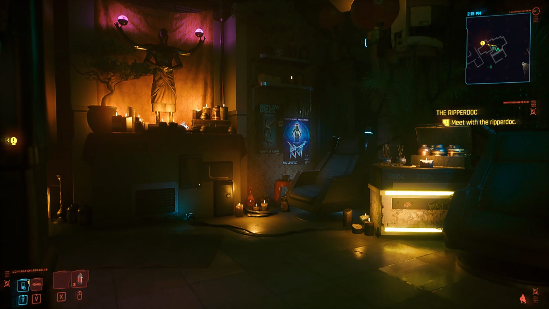 an image of a virtual waiting room with moody lighting in "Cyberpunk 2077."