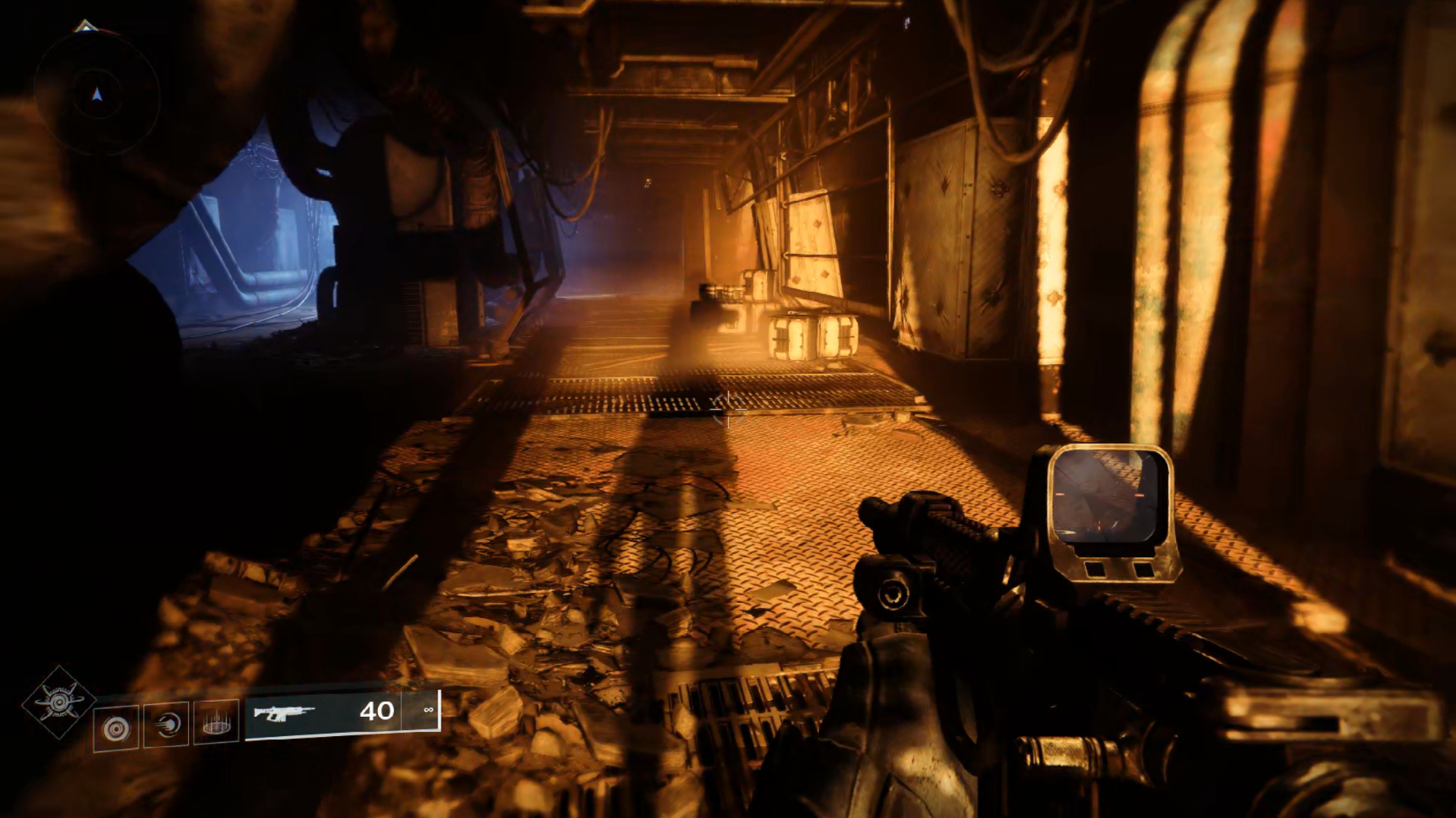 an image of gameplay in a dark hallway in "Destiny 2."