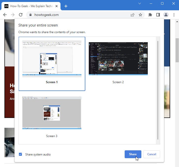 an image of Google Chrome showing the screen selection options if you have multiple monitors installed.