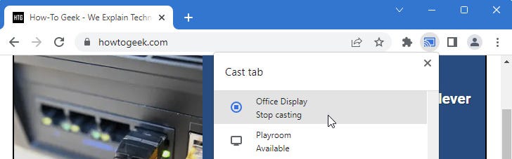 an image of Google Chrome showing active casting and how to turn the active cast off.