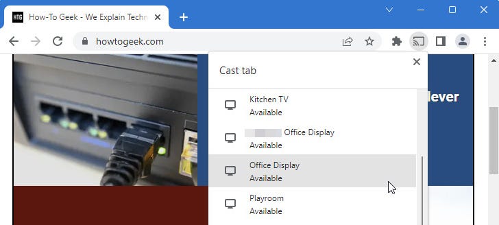 an image of Google Chrome showing the list of available casting destinations on the local network.