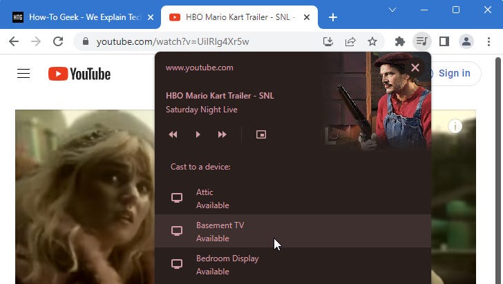 an image of Google Chrome showing the media control options when direct casting from a site like YouTube.