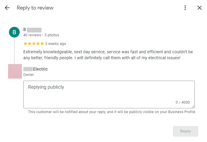 Reply to review after clicking on review notification card