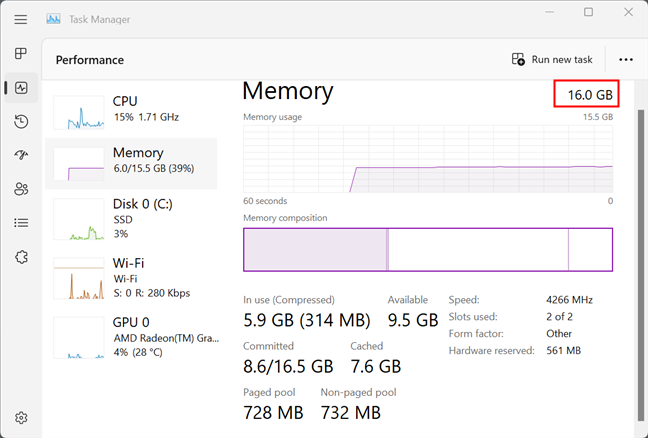 The total amount of RAM on the system --- 16 gigabytes --- is displayed in the upper right hand corner. 