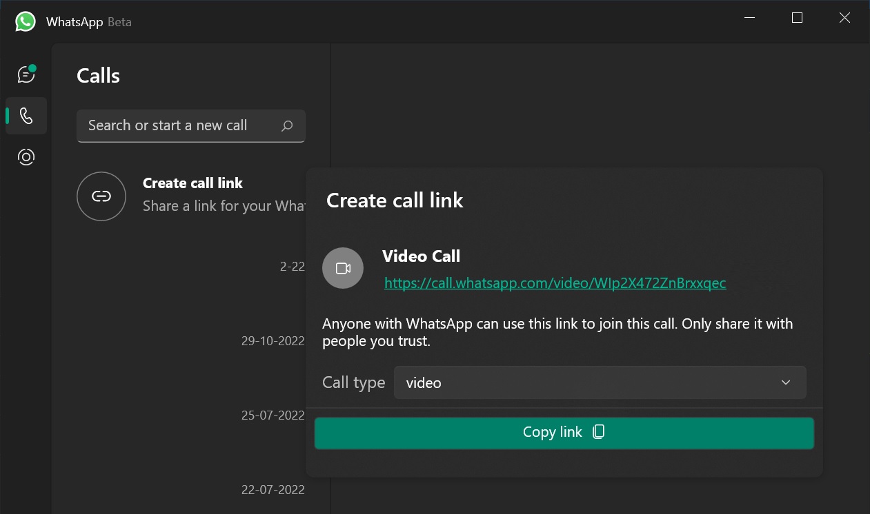 WhatsApp call link feature