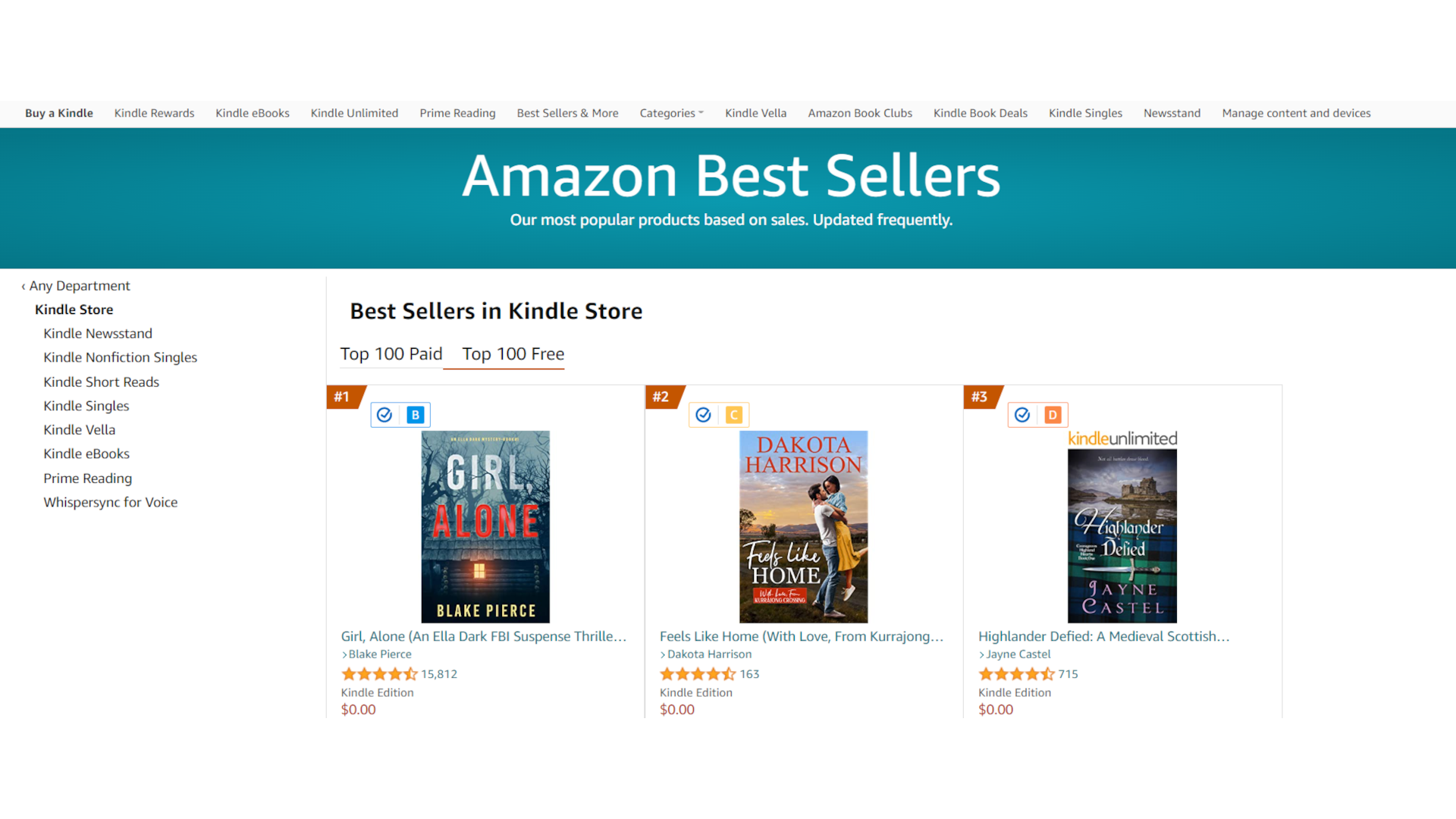 an image shows Amazon's list of free best sellers.