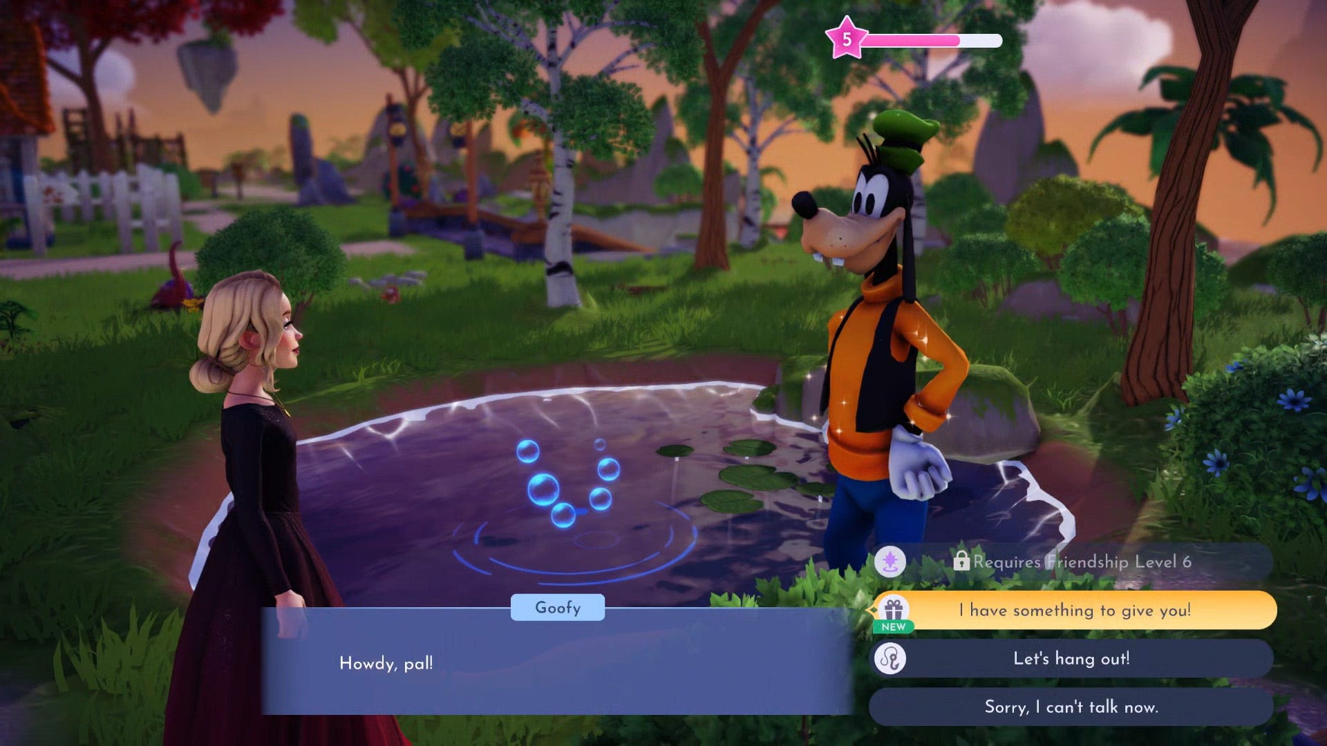 an image of a virtual girl and Goofy standing beside a pond.