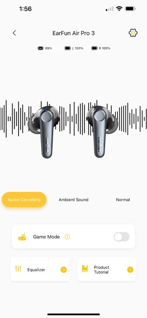 ANC on in the EarFun App for the Air Pro 3
