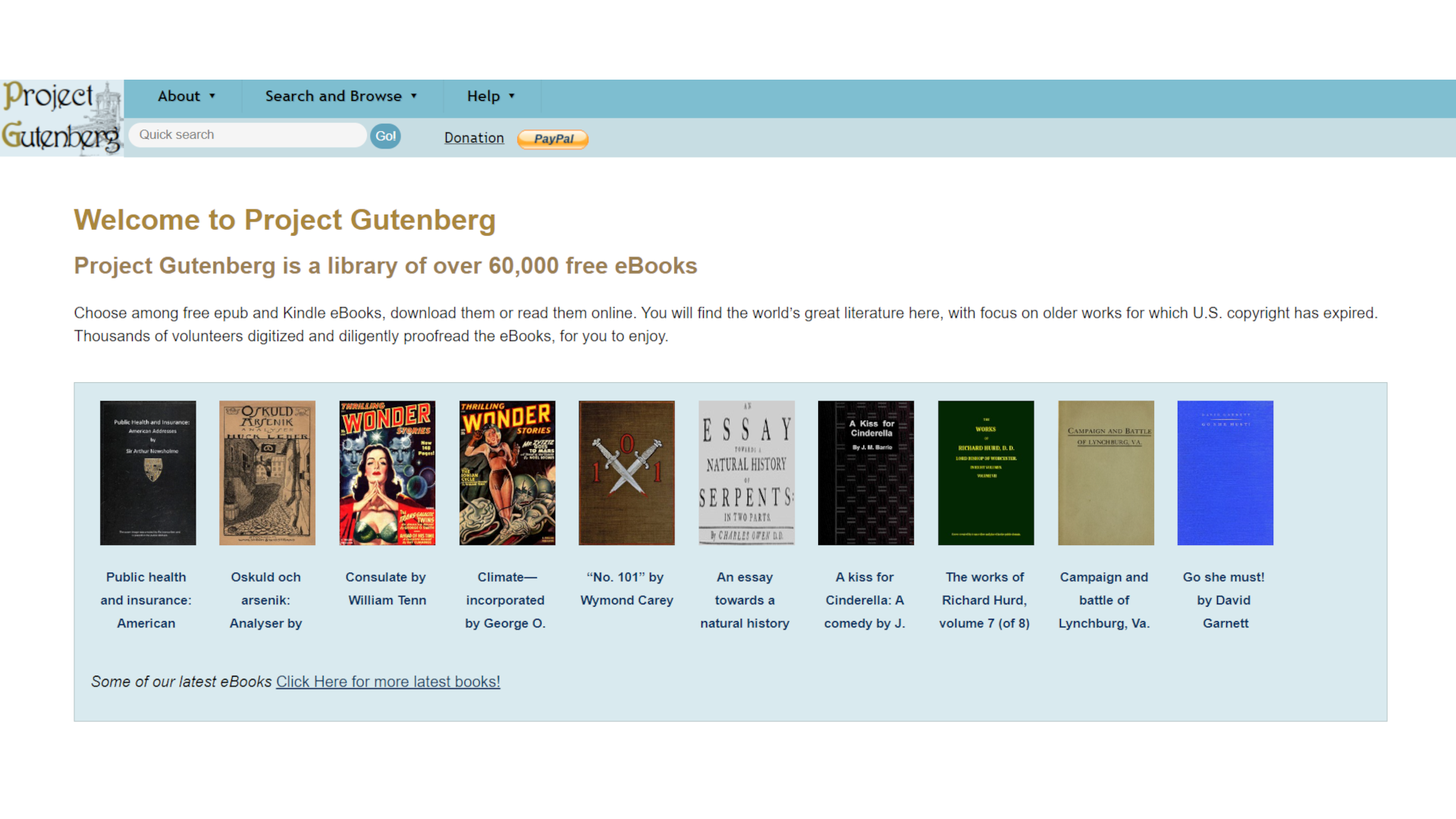 an image shows the Project Gutenberg homepage.