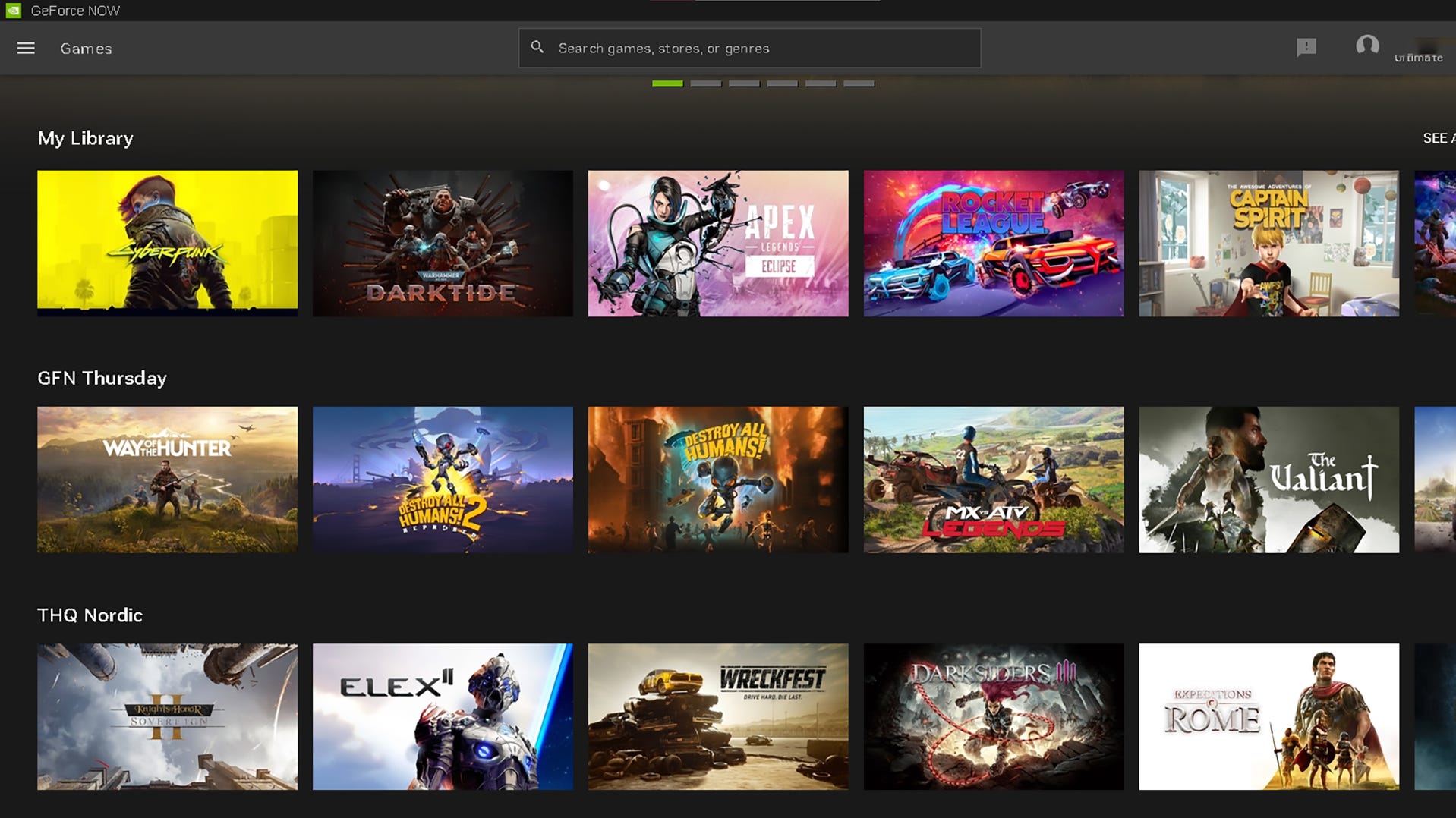 an image of the GFN Thursday category in the NVIDIA GeForce NOW Windows app.