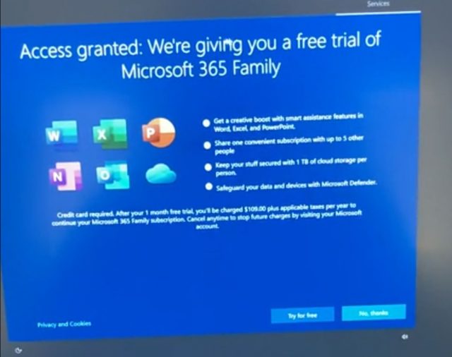 Full-screen Microsoft 365 trial offer is blocking access to the Windows 10 desktop