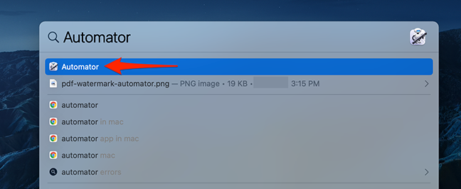 Searching "Automator" in Spotlight on Mac.