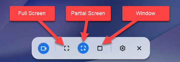 Screen capture options for full screen, partial screen, and window.