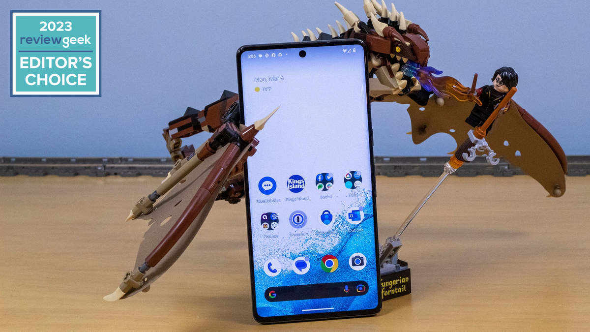 A Pixel 7 Pro propped up against LEGO