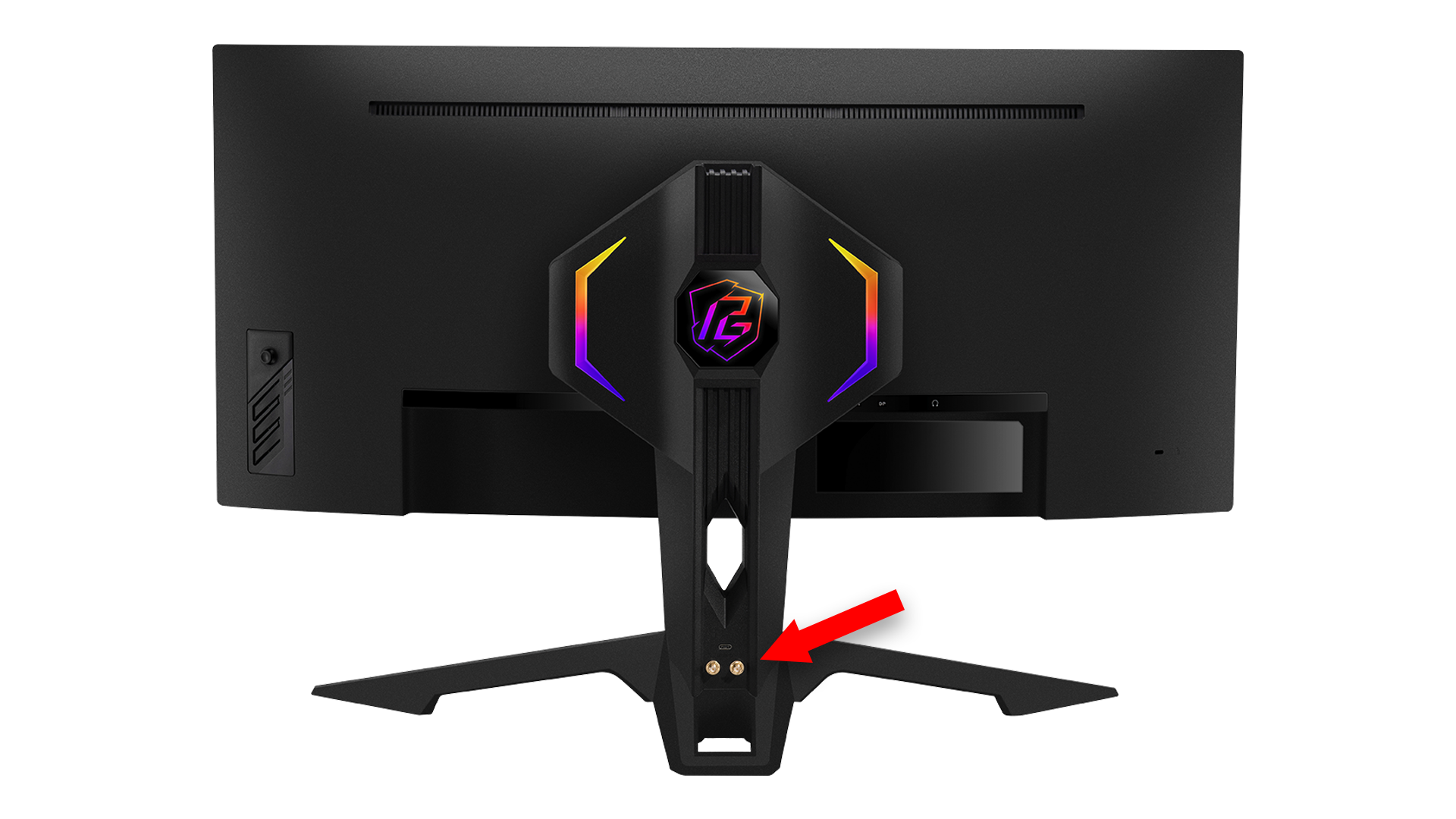 Rear view of ASRock PG34WQ15R3A gaming monitor with SMA antenna connectors highlighted.